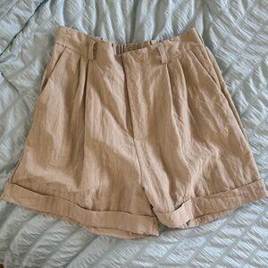 Pretty Pastels Linen Blend Paperbag Shorts Beige High Waist Pleated
